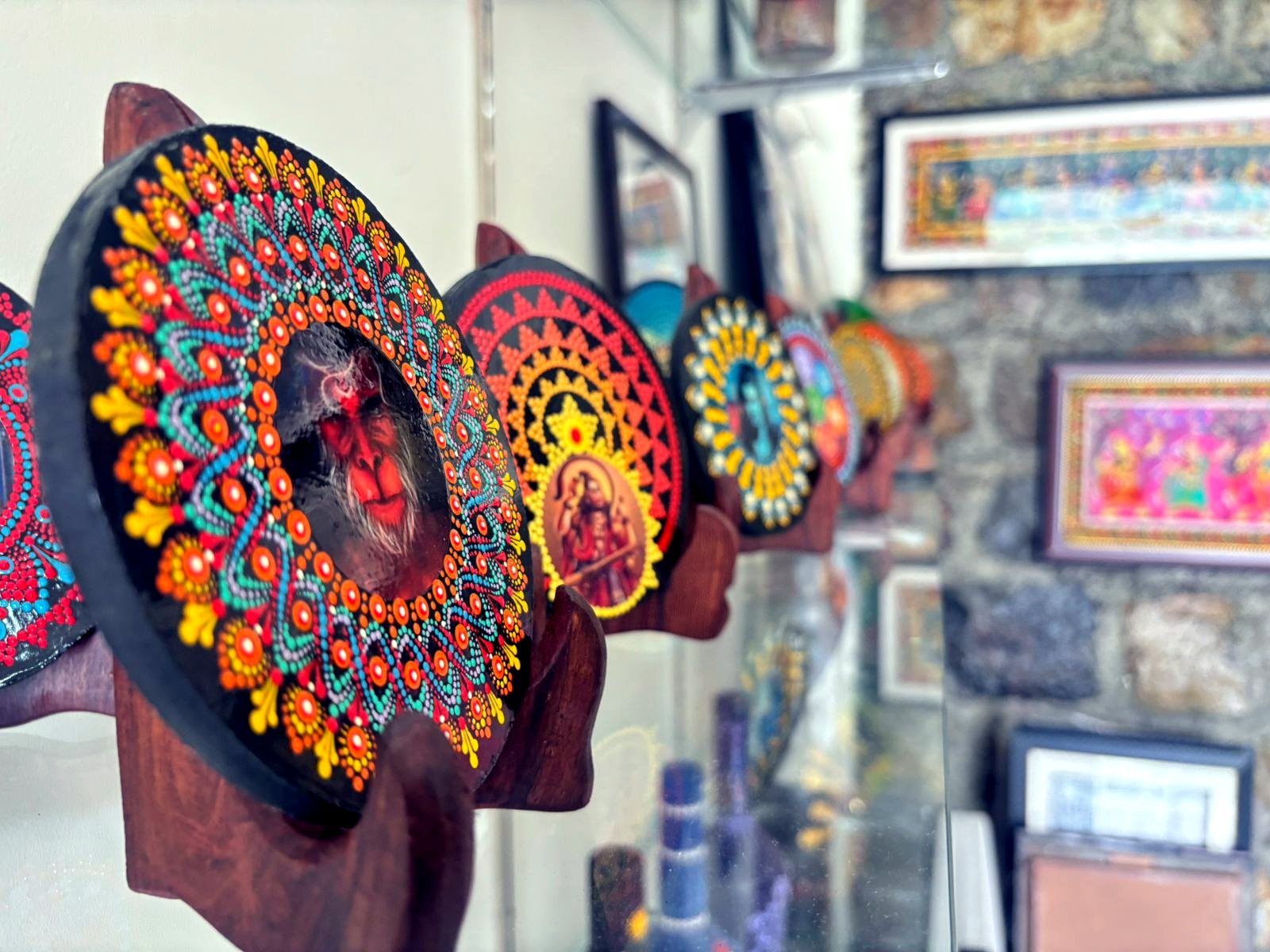 Colourful mandala artworks in the studio